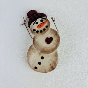 Heart Snowman Christmas Pin Brooch Frosty Hat Ceramic Wired Hands Folk Art